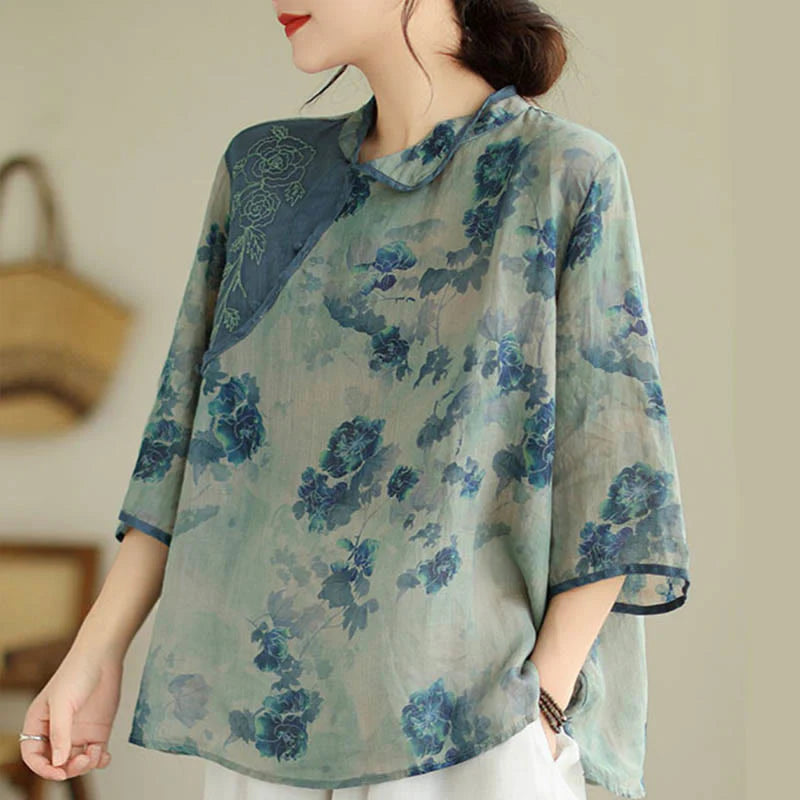 Buddha Stones PLUS SIZE Blue Jacaranda Flower Design Three Quarter Sleeve Ramie Linen Shirt