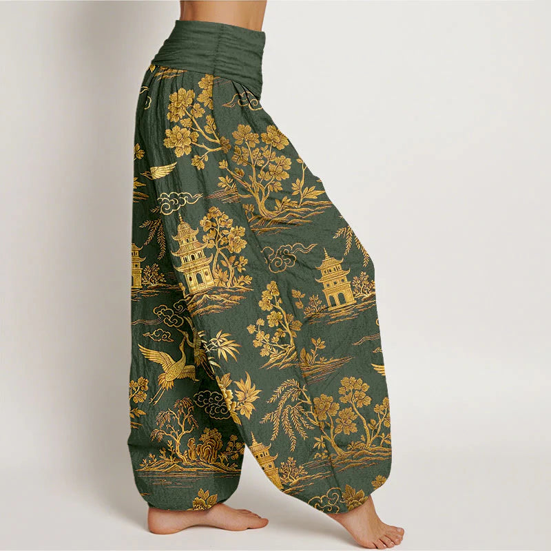 Buddha Stones Cotton Gorgeous Tree Crane Architecture Cloud Peony Pattern Women's Elastic Waist Harem Pants