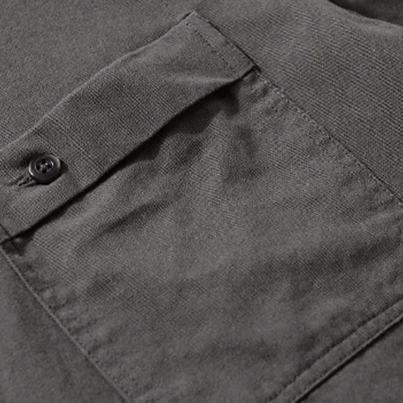 Buddha Stones Casual Solid Buttons Down Decorative Pocket Men's Stand Collar Long Sleeve Cotton Shirt