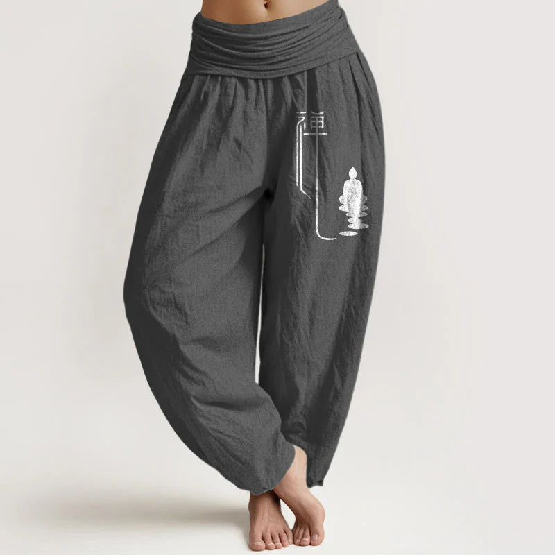 Buddha Stones Zen Buddhist Pattern Women's Elastic Waist Harem Cotton Pants
