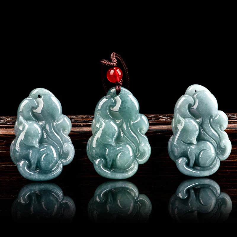 Buddha Stones Natural Green Jade Nine Tailed Fox Fairy Prosperity Necklace Pendant