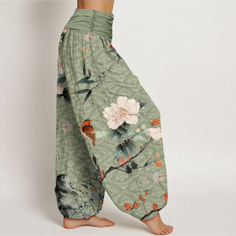 Buddha Stones Cotton Warbler Bird Blooming Flower Branches Mandala Pattern Women's Elastic Waist Harem Pants