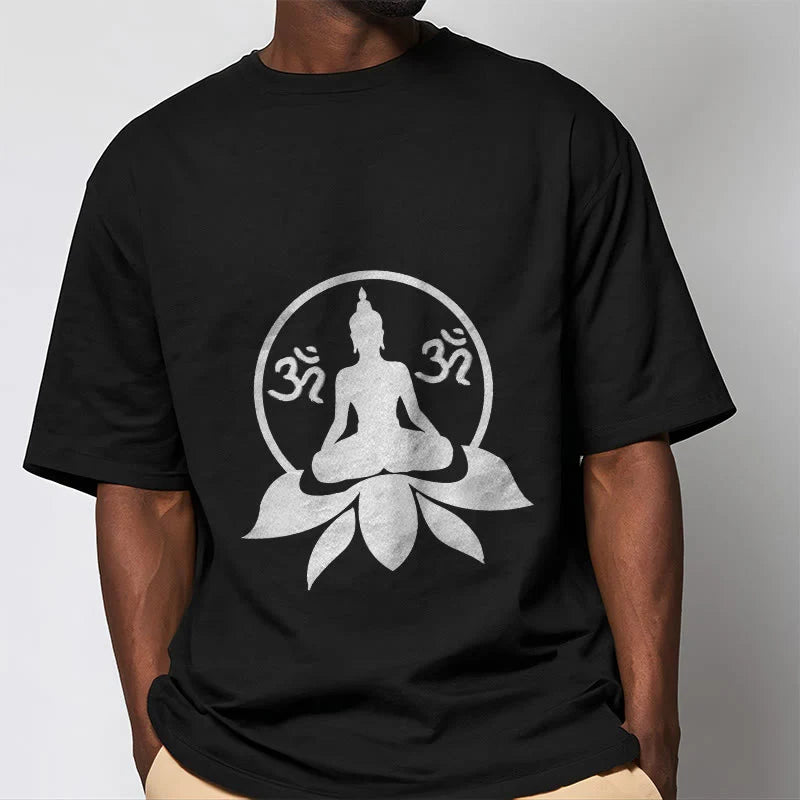 Buddha Stones OM Symbol Sanskrit Mantras Buddha Seated On Lotus Flower Design Tee T-shirt