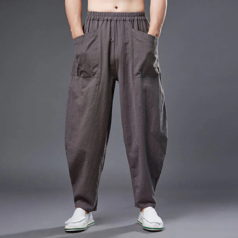 Buddha Stones Solid Color Cotton Ramie Linen Men's Elastic Waist Harem Pants With Pockets