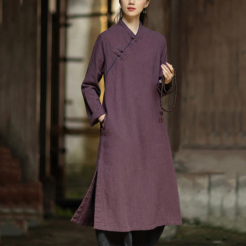 Buddha Stones Solid Frog-Button Long Sleeve Ramie Linen Midi Dress Cheongsam With Pockets