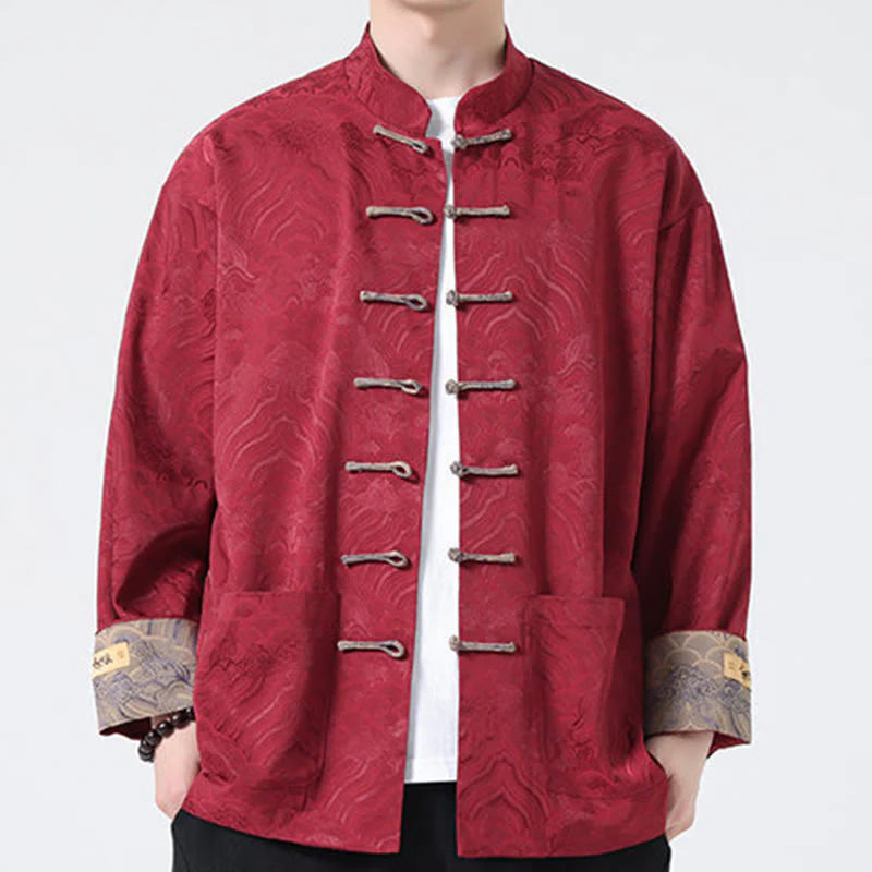 Buddha Stones Frog-Button Mountain Wave Pattern Long Sleeve Men's Cotton Jacket With Pockets