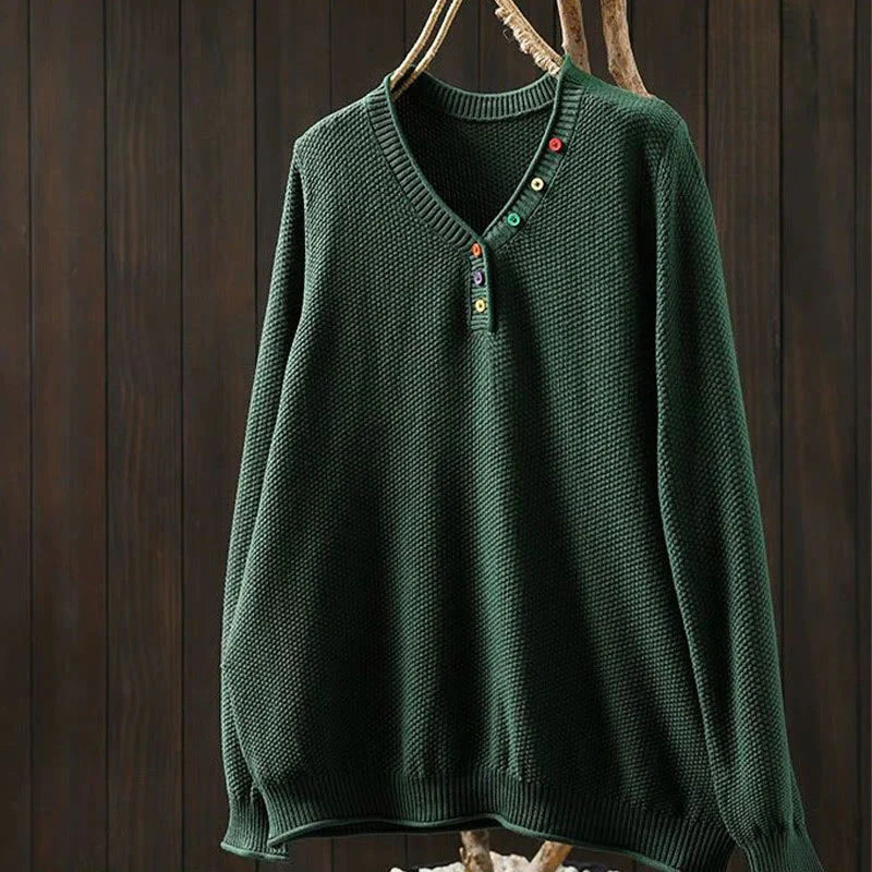 Buddha Stones Fall Colorful Buttons V-Neck Cotton Women's Long Sleeve Knitted Sweater
