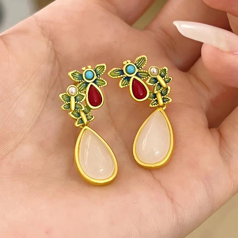 Buddha Stones Water Drop White Jade Red Agate Butterfly Protection Drop Dangle Earrings