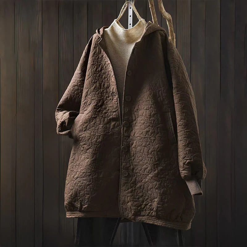 Buddha Stones Fall Buttons Long Sleeve Mid-length Jacquard Cotton Women's Jacket With Pockets