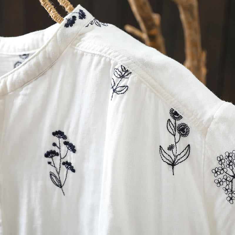 Buddha Stones Floral Embroidery Buttons Down Long Sleeve Women's Cotton Shirt