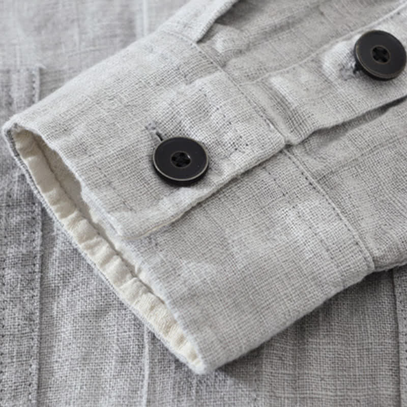 Buddha Stones Fall Plain Long Sleeve Buttons Design Men's Ramie Linen Cotton Shirts With Pocket