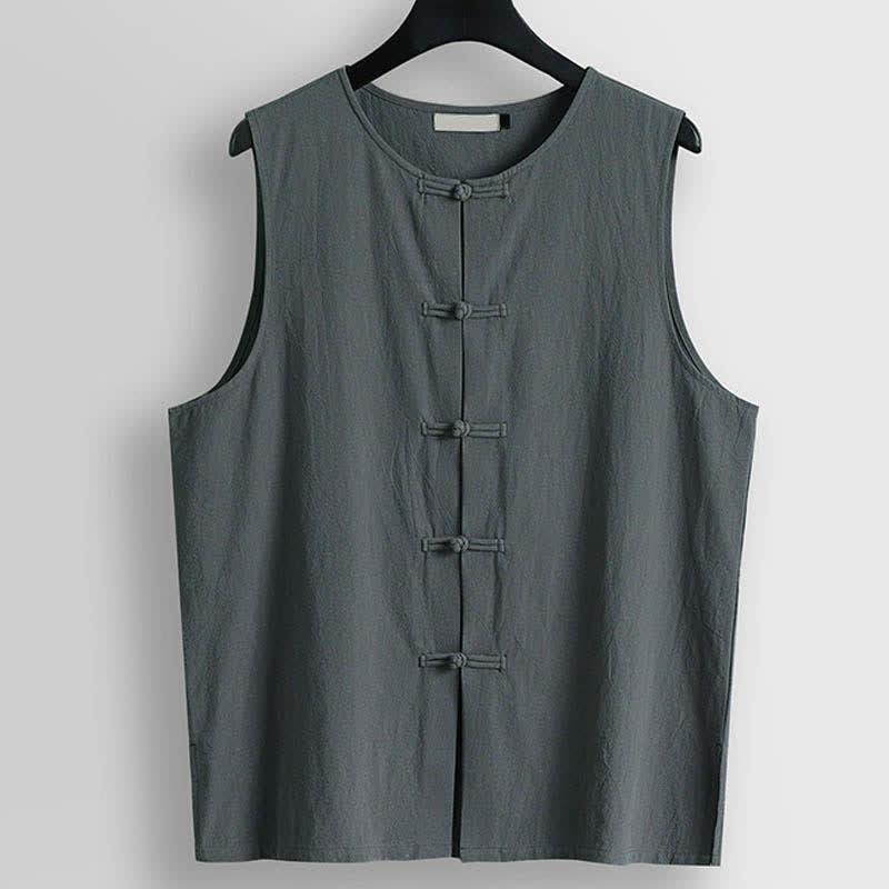Buddha Stones Retro Frog-Button Crew Neck Men's Cotton Linen Sleeveless Vest