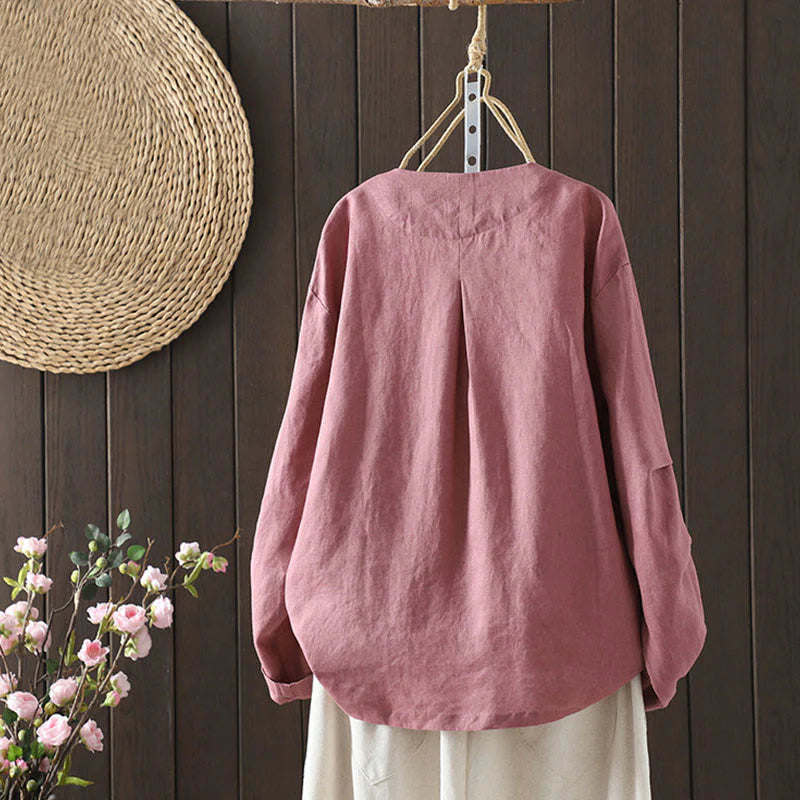 Buddha Stones Pure Color V-neck Women's Cotton Jacket With Pockets