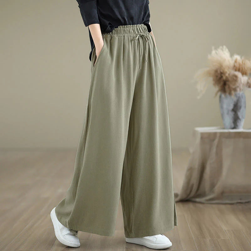 Buddha Stones Women's Pure Color Drawstring Cotton Linen Wide Leg Ankle-Length Pants With Pockets