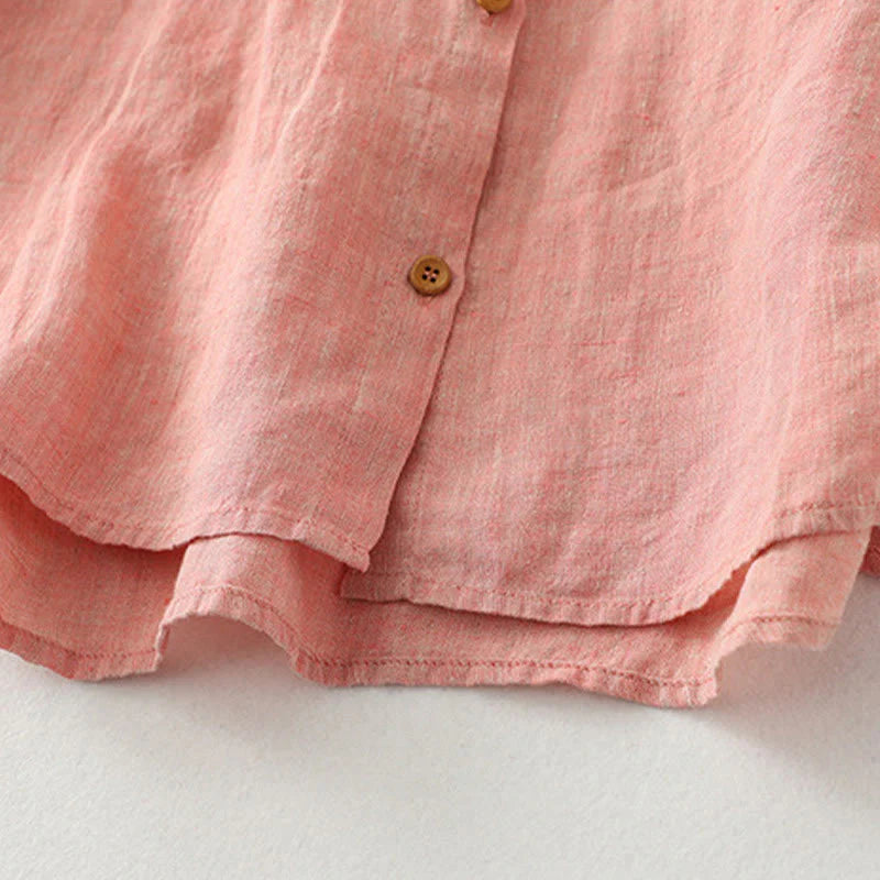 Buddha Stones Casual Plain Buttons Women's Cotton Linen Half Sleeve Shirt