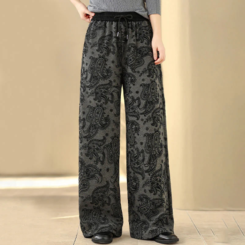 Buddha Stones Jacquard Paisley Pattern Women's Wide Leg Thermal Fleece-Lined Cotton Pants With Pockets