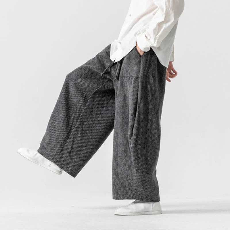 Buddha Stones Daily Solid Color Drawstring Design Men's Wide Leg Cotton Pants With Pockets