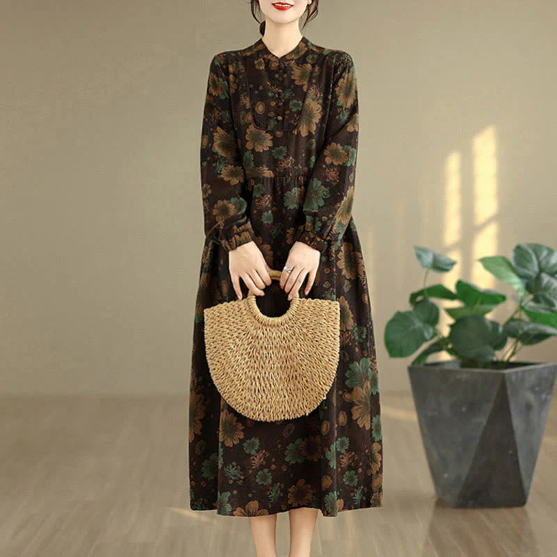 Buddha Stones Flower Pattern Long Sleeve Cotton Midi Dress With Pockets