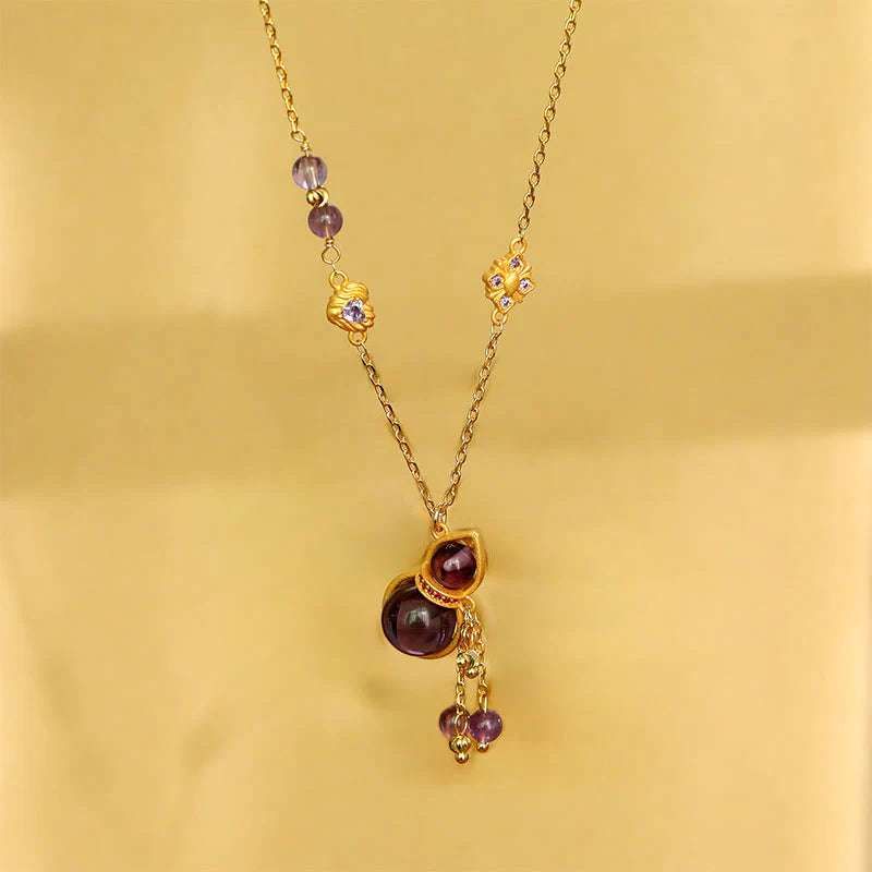 Buddha Stones Gourd Tassel Amethyst Copper Chain Meditation Necklace Pendant