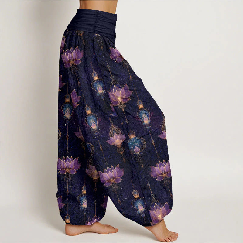 Buddha Stones Cotton Gorgeous Lotus Lantern Pattern Women's Elastic Waist Harem Pants
