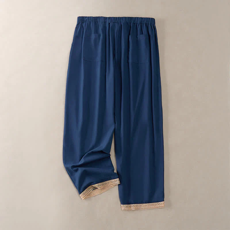 Buddha Stones Summer Lace-trimmed Hem Solid Color Women's Tapered Pants With Pockets