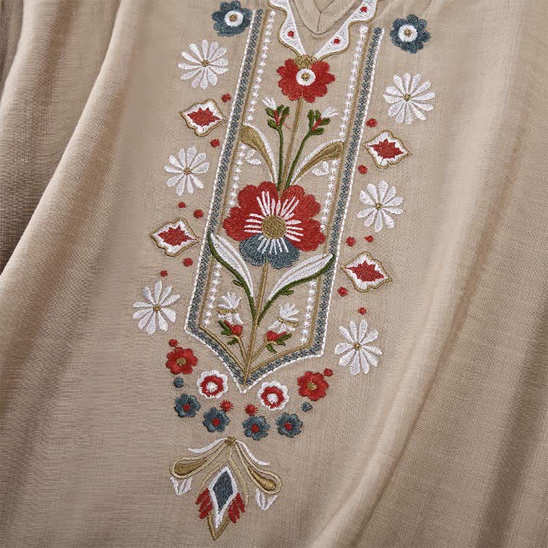 Buddha Stones Spring Boho Embroidered Cotton Linen Elbow-Length Sleeve Women's T-Shirts