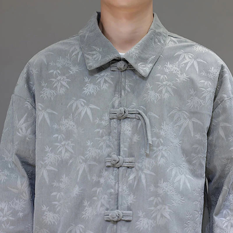 Buddha Stones 2Pcs Winter Thick Bamboo Men's Tang Suit Frog-Button Cotton Corduroy Long Sleeve Jacket Pants Set With Pockets