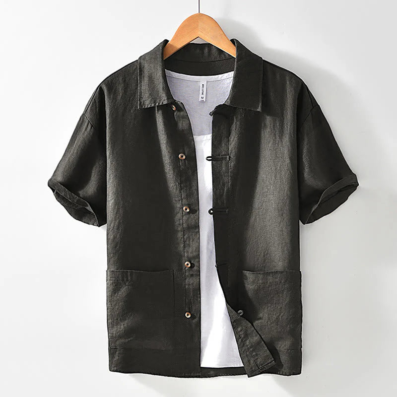 Buddha Stones Solid Summer Short Sleeve Buttons Linen Men's Shirt With Pockets