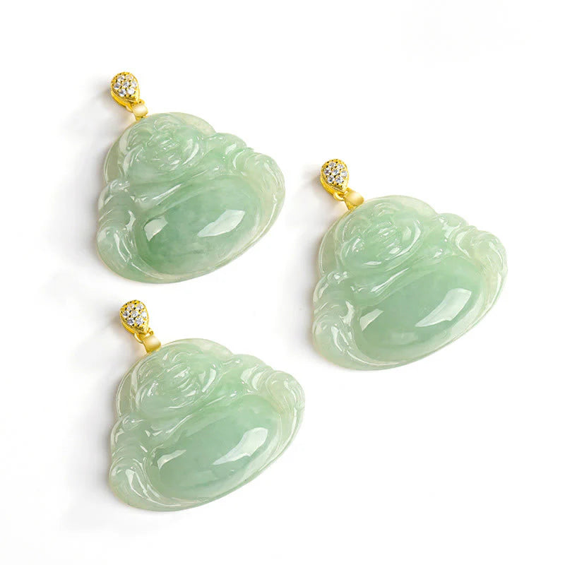 Buddha Stones Natural Jade Laughing Buddha Luck Prosperity Titanium Steel Chain Necklace Pendant