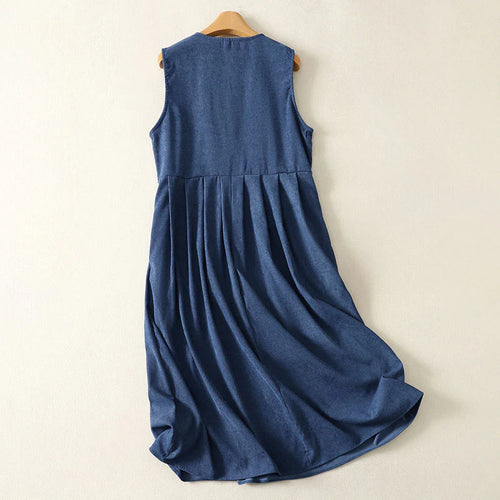 Buddha Stones Spring Retro DarkBlue Plain Sleeveless Midi Dress With Pockets