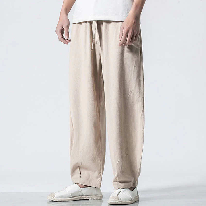Buddha Stones Drawstring Elastic Waist Ankle-Length Men's Cotton Pants With Pockets