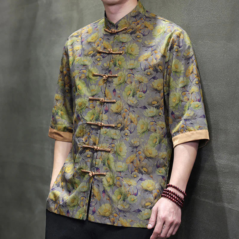 Buddha Stones Summer Colorful Floral Leaves Pattern Short Sleeve Frog-button Design Men's Cotton Shirt