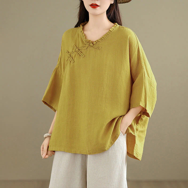 Buddha Stones Spring V-Neck Frog-Button Long Sleeve Plain Women's Cotton Shirt