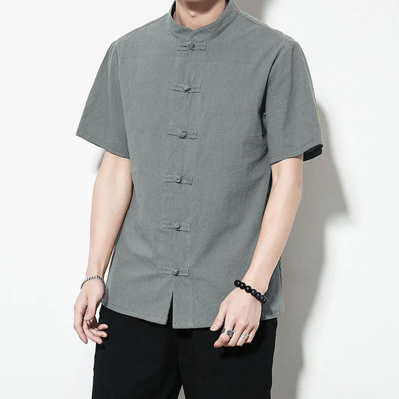 Buddha Stones Casual Solid Color Front Frog Buttons Chinese Tang Suit Short Sleeve Linen Men's Shirt