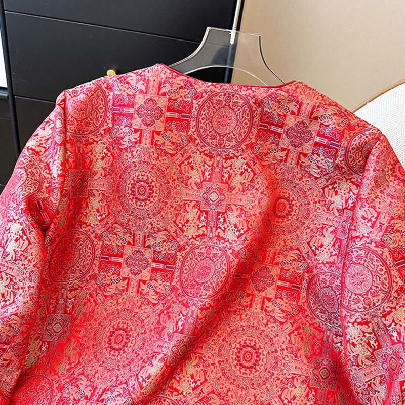 Buddha Stones Women's Jacquard Symmetric Floral Pattern Long Sleeve Jacket With Pockets