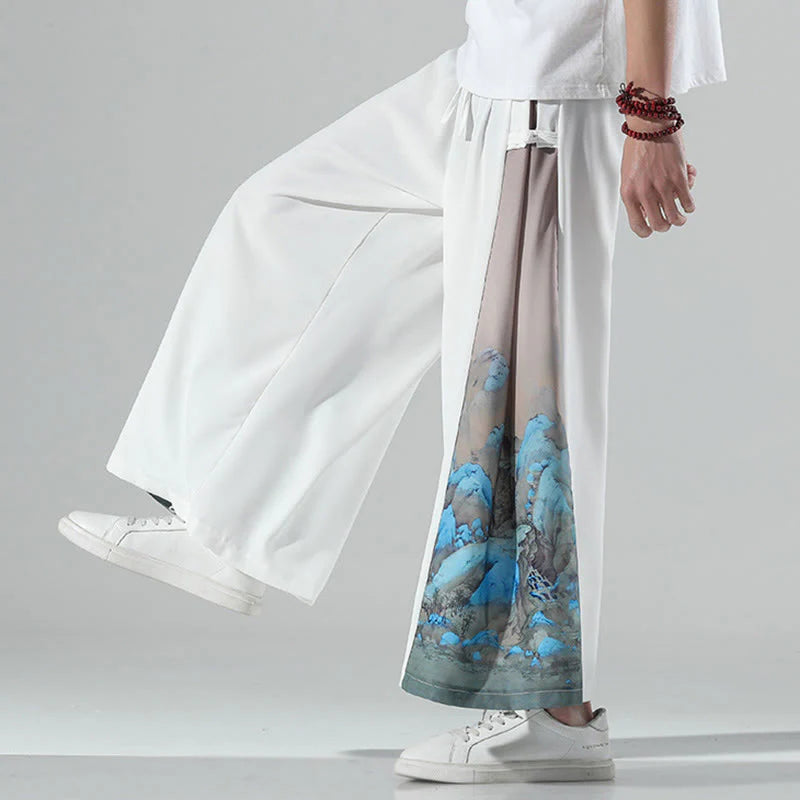 Buddha Stones Mountains Rivers Pattern Men's Wide Leg Pants With Pockets