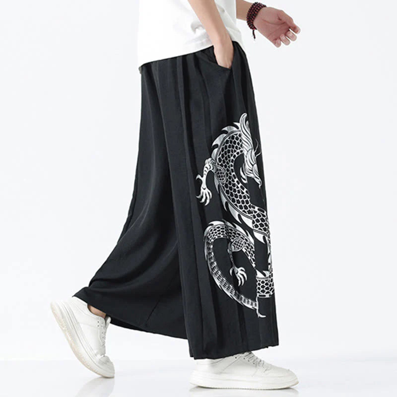 Buddha Stones Summer Dragon Drawstring Design Cotton Ankle-Length Men's Wide Leg Pants With Pockets