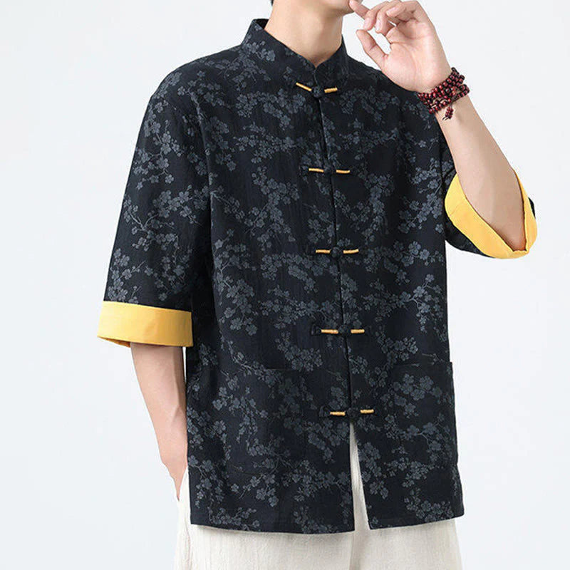 Buddha Stones Summer Peach Blossoms Pattern Chinese Frog-Button Cotton Linen Short Sleeve Men's Shirt