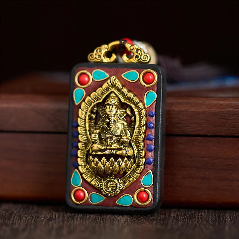 Buddha Stones Tibetan Ganesh Ganpati Elephant Ebony Wood Rope Peace Necklace Pendant
