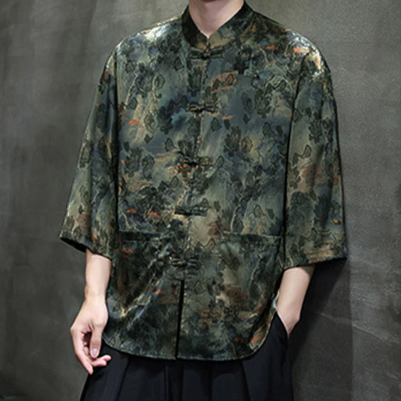 Buddha Stones Spring Frog-Button Dragon Mountain Flower Three Quarter Sleeve Tang Suit Men's Shirt With Pockets