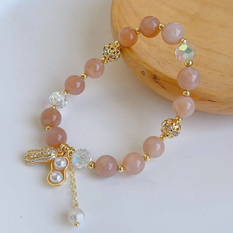 Buddha Stones Sun Stone Colorful Rutilated Quartz Wealth Peanut Charm Bracelet
