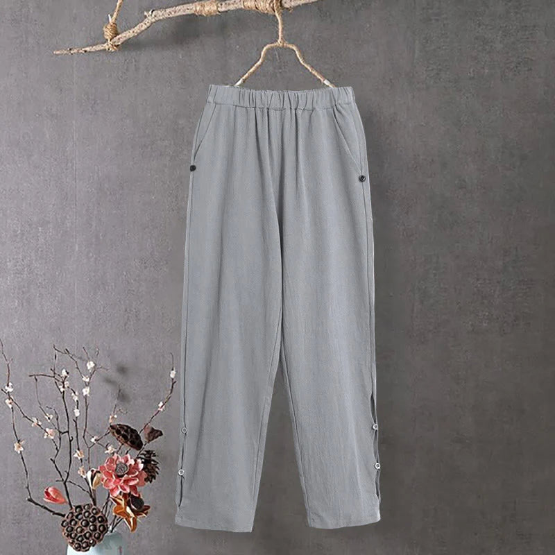 Buddha Stones Casual Pure Color Hollow Button Cuff Design Women's Cotton Linen Pants With Pockets
