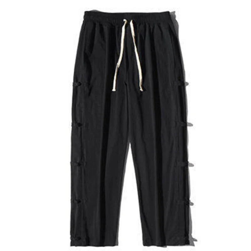 Buddha Stones Casual Patchwork Crane Pattern Frog-Button Design Men's Wide Leg Pants With Pockets