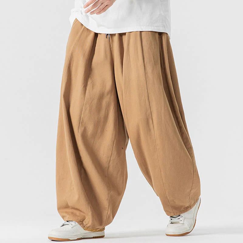 Buddha Stones Winter Commute Plain Drawstring Design Men's Wide Leg Cotton Pants With Pockets