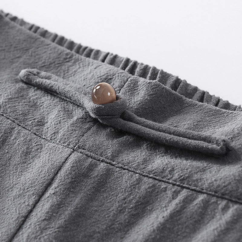 Buddha Stones Summer Plain Straight Leg Men's Cotton Linen Ankle-Length Pants With Pockets
