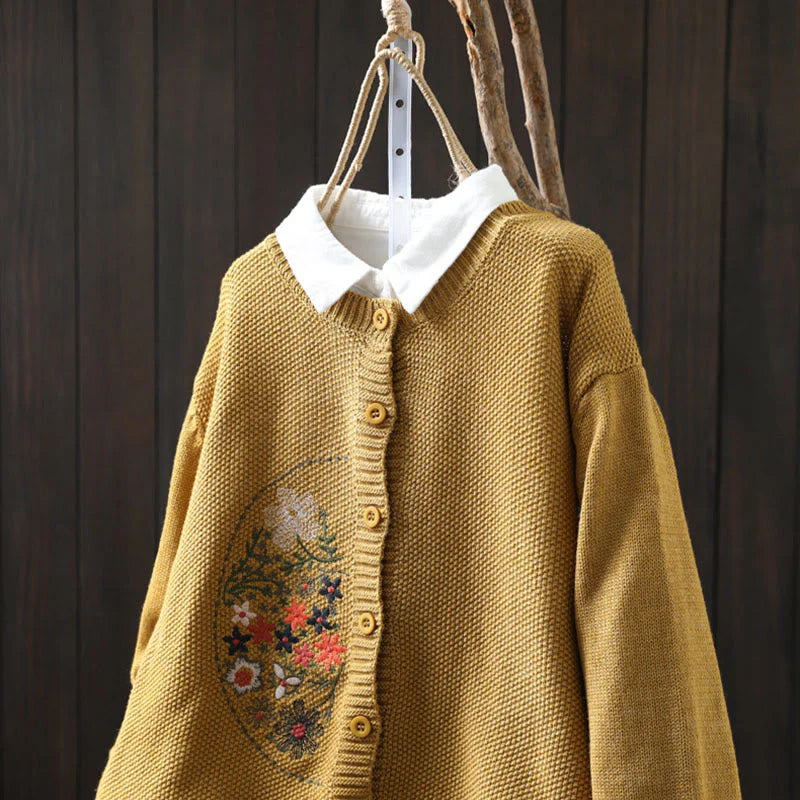 Buddha Stones Floral Embroidery Buttons Cotton Women's Long Sleeve Knitted Cardigan Sweater