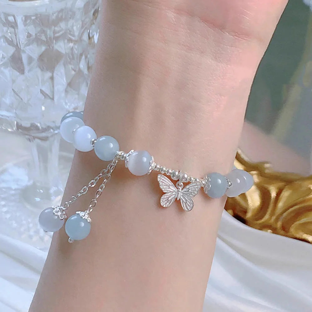 Buddha Stones Cat's Eye Aquamarine Butterfly Charm Support Bracelet