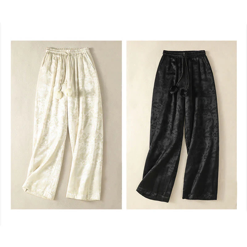 Buddha Stones Jacquard High Waist Design Women's Wide Leg Thermal Thickened Pants With Pockets