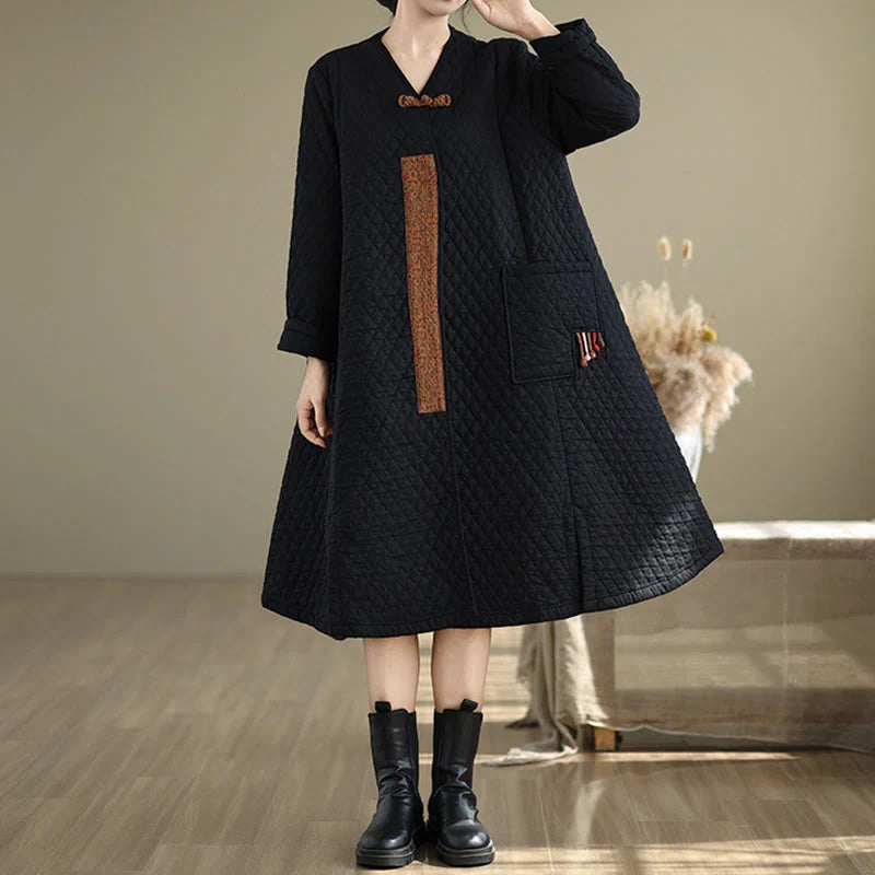 Buddha Stones Diamond Pattern Mid-length Women's Cotton Coat With Pockets