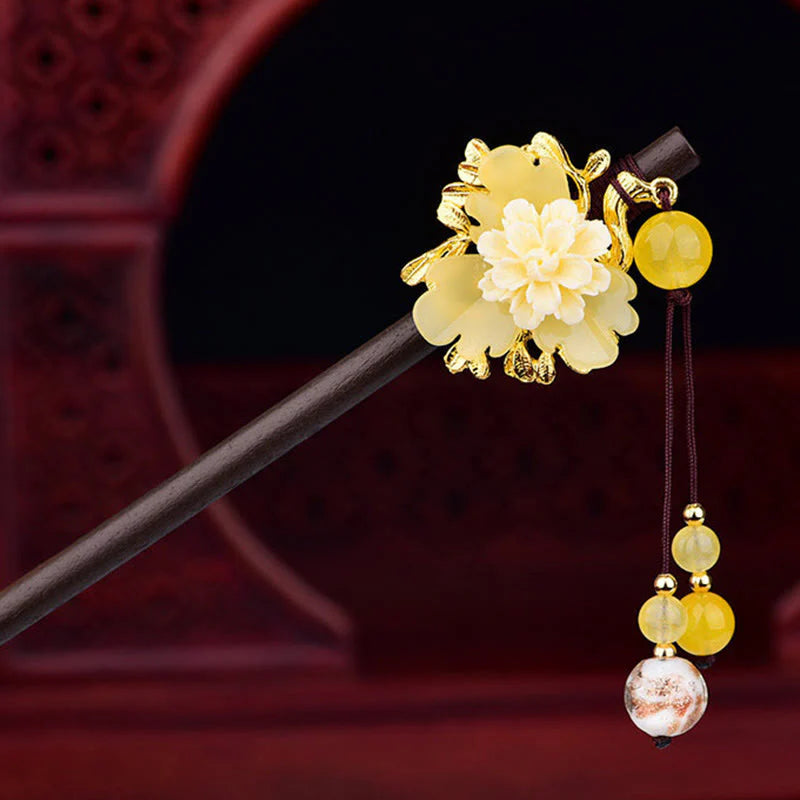 Buddha Stones Green Yellow White Flower Liuli Glass Wood Hairpin